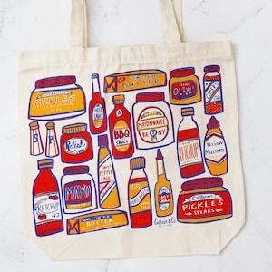 Condiments Print Tote Bag - Ketchup Hot Sauce - Reusable Canvas Bag with Zipper