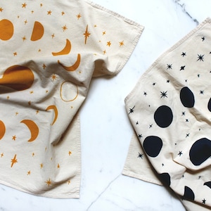 Moon Phases Printed Tea Towel - Star Decor - Navy or Gold Printed Flour Sack Cotton Dish Towel - House Warming Gift - Celestial Print