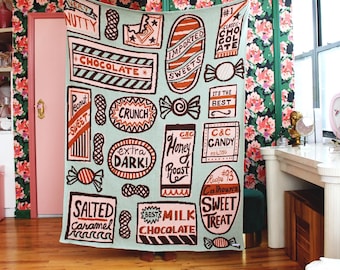 Sweet Treat Knit Throw Blanket in Salt Water Taffy - New York Home Decor - Coney Island Theme Room Art - Vintage Candies - Chocolates