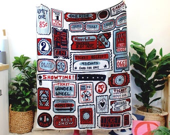 Admit one Knit Throw Blanket in Wonder Wheel - New York Home Decor - Coney Island Theme Room Art - Vintage Tickets - Carnival