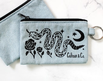 Snake Rose Screen Printed Zipper Card Pouch with Key Ring - Snake Coin Pouch - Snakes Coin Purse - Garden Keychain - Flower Zipper Wallet