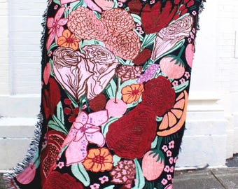 Floral Fruit Tapestry Blanket – Calhoun & Co. Red and Pink Roses with Strawberries Cherries and Blood Orange