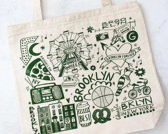 Brooklyn New York Tote Bag with Zipper Closure - BKLYN Design - Reusable Canvas Tote Bag - Cotton Fabric Gift Bag - Brooklyn Tote Bag