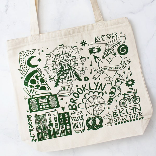 Brooklyn New York Tote Bag with Zipper Closure - BKLYN Design - Reusable Canvas Tote Bag - Cotton Fabric Gift Bag - Brooklyn Tote Bag