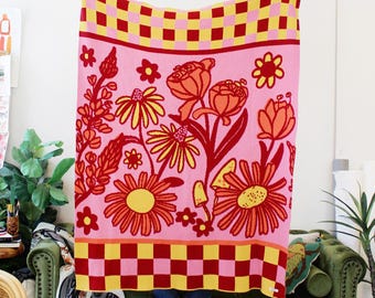 Retro Floral Knit Throw Blanket - Pink Yellow Checkerboard Decor