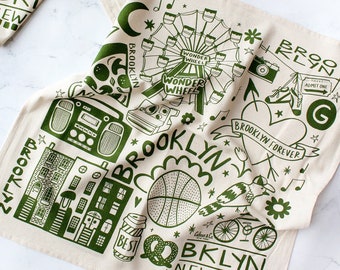 Brooklyn Forever - New York Print Tea Towel - NYC Screen Printed Kitchen Decor - Brooklyn NY Gifts - New York Illustration