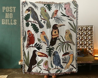 Birdies of Paradise Multi-Color Tapestry Blanket - Cotton Throws - Housewarming Gift - Bohemian Colorful Home Decor - Tropical Birds