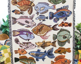 Go Fish Tapestry Blanket - Coastal Home Decor - Gifts for Fisherman - Rainbow Fish
