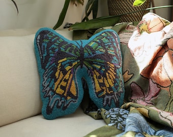 Blue Butterfly Hook Pillow - Decorative Garden Botanical Throw Pillow - Housewarming and Graduation Gift