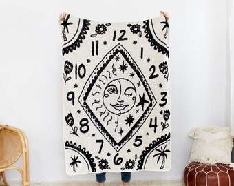 Counting Sun & Moon Mini Blanket - Black and White Knit Throw - Kid's Bedroom Decor - Gender Neutral Baby Shower Gift Nursery
