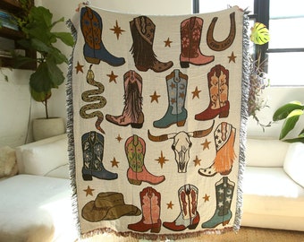 Howdy Cowgirl! Boots Multi-Color Tapestry Blanket - Cotton Throws - Housewarming Gift - Bohemian Colorful Home Decor