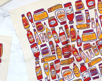 Condiments Print Tea Towel - Kitchen Decor - Ketchup Mustard Pickle Butter Hot Sauce Mayo Capers Salt & Pepper Olives