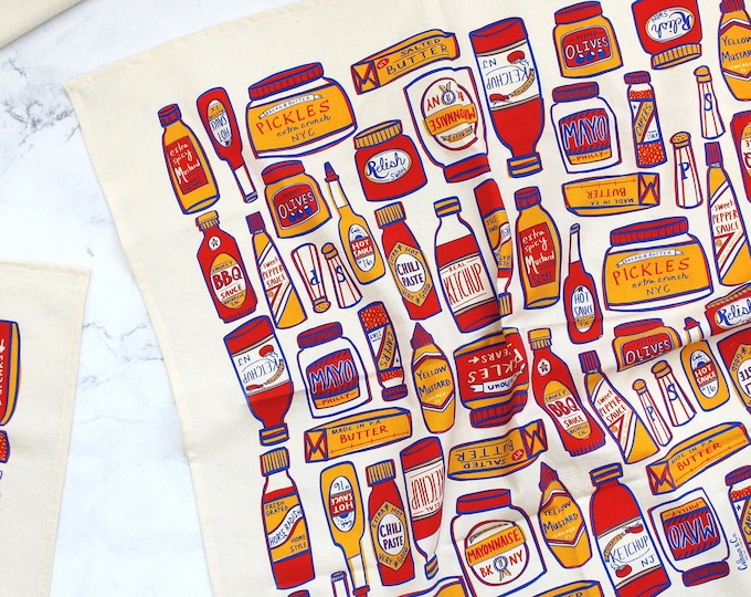 Condiments Print Tea Towel - Kitchen Decor - Ketchup Mustard Pickle Butter Hot Sauce Mayo Capers Salt & Pepper Olives