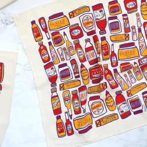 Condiments Print Tea Towel - Kitchen Decor - Ketchup Mustard Pickle Butter Hot Sauce Mayo Capers Salt & Pepper Olives