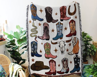 Howdy Cowgirl! Boots Multi-Color Tapestry Blanket - Cotton Throws - Housewarming Gift - Bohemian Colorful Home Decor