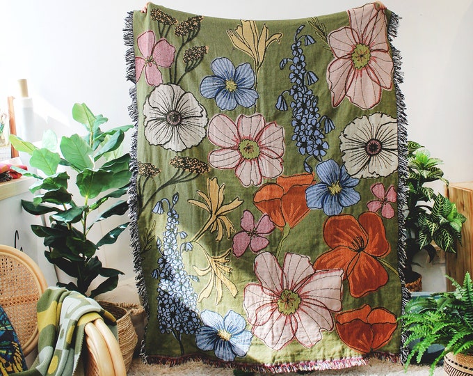 Wild Flowers Floral Blanket - Multi-Color Tapestry Blanket - Cotton Throws - Housewarming Gift - Flower Home Decor - Wild Flower Throw