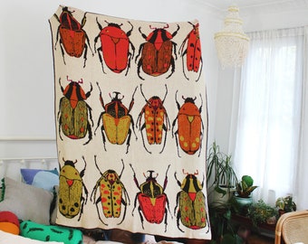 Beetle Knit Throw Blanket -Boho Colorful Home Decor - Insect Pattern Blanket - Beetles Artwork for Home Apartment Living Room