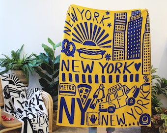 New York Knit Throw Blanket in METRO CARD - Classic Decor - Cozy Gifts - New York City Print - Blue and Yellow