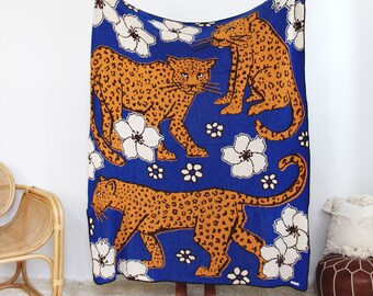 Leopards in Flower Patch - Blue and Gold Blanket with Leopard Print and Flowers - Animal Print Decor - Cozy Gifts Housewarming - Boy Bedroom