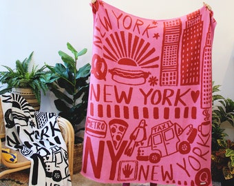 New York Knit Throw Blanket in BIG APPLE - Classic Decor - Cozy Gifts - New York City Print - Red and Pink