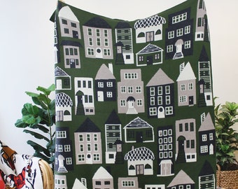 Neighborhood Houses Homes Merino Wool Blanket in Taupe, White, Navy, Dark Green - Housewarming Gift