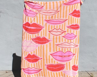 Lips, Kisses, and Stripes Knit Blanket - Pink, Red, Blush, and Yellow - Home Decor - Birthday Kisses - Sweetheart Gift