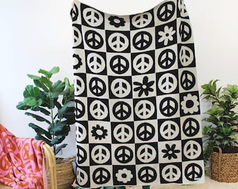 Peace Please - Peace Sign Knit Throw Blanket in Black & Natural - Checkered Throw Blanket Decor Retro Flower