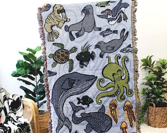 Sea Life Ocean Friends Mini Tapestry Blanket - Marine Life Themed Nursery - Penguins, Whale, Walrus, Turtle - Baby Shower Gifts