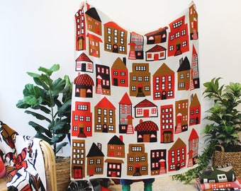 Neighborhood Houses Homes Merino Wool Blanket in Red, Brown, Ochre, Tan - Housewarming Gift