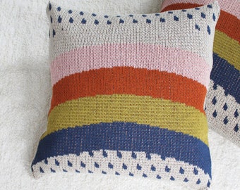 Rainbow Pillow - Colorful Home Decor - Muted Rainbow and Raindrop Knit Throw - Retro Living Room Boho Decor - Classic Motif for Kid&#39;s Room