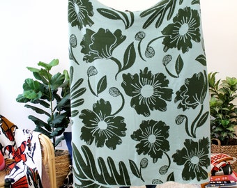 Floral Merino Wool Blanket in Blue and Green - Flower and Leaf Pattern Print Design - Nature Inspired Neutral Throw Blanket