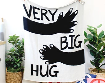 Very Big Hug — Black and White Knit Throw Blanket — B&W Blankets - Send Hugs - Best Friend Birthday Gifts - Going Away Gift