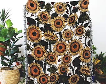 Sunflowers and Ladybugs Multi-Color Tapestry Blanket - Floral Throws - Housewarming Gift - Bohemian Colorful Home Decor