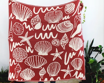 Seashell Cotton Blanket in Nautical Red - Beach House Decor - Under The Sea Throw - Classic Living Room - House Warming Gift Ideas