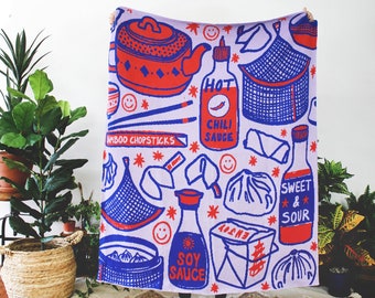 Thank You - Enjoy! Chinese Take Out Knit Blanket - Purple Blue Red Foodie Housewarming Gift - Lavender Tea