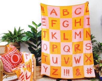 Alphabet Throw Blanket in Starburst - Pink and Yellow Checkered Decor - Kid's Playroom and Nursery Decor