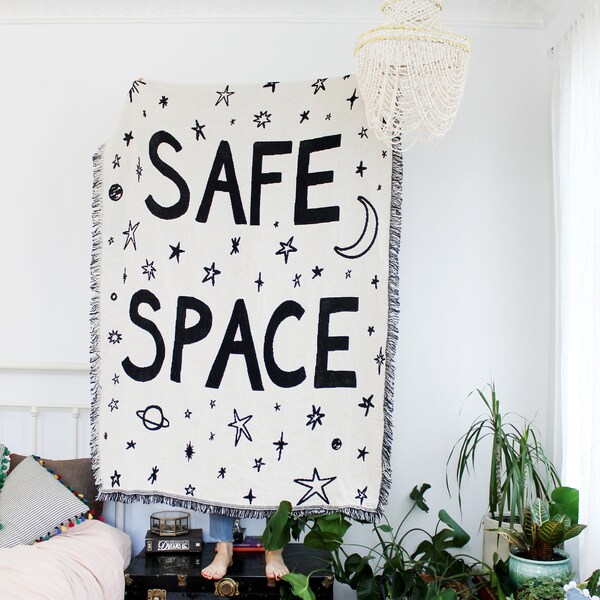 Safe Space — Black and White Cotton Throw Blanket - Moon and Stars - Best Friend Birthday Gifts - Baby Shower - Going Away Gift