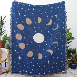 Moon Phases Tapestry Blanket - Celestial Star Design - Navy and Gold Home Decor - Boho Living Room - Housewarming Gifts - Moon