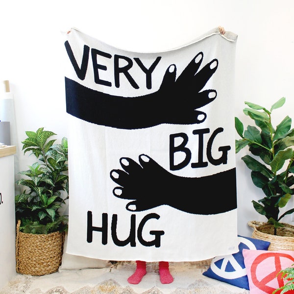 Very Big Hug — Black and White Knit Throw Blanket — B&W Blankets - Send Hugs - Best Friend Birthday Gifts - Going Away Gift