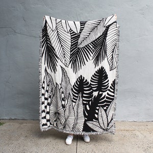Tropical Jungle Black and White Reversible Throw Blanket Housewarming Gift House Plants Living Room Couch Blanket Bedroom Decor image 1
