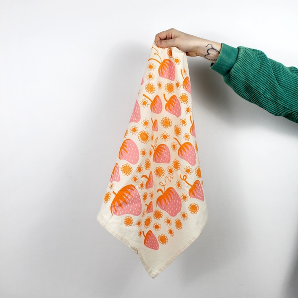 Strawberry Field Tea Towel - Pink and Orange Fruit Design - Flower Kitchen Decor -  Housewarming Gift - Gifts for Host - Stocking Stuffer