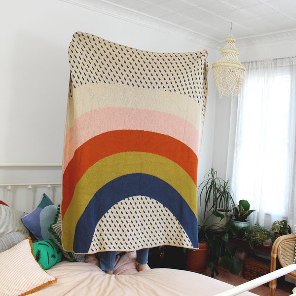 Rainbow and Raindrops Knit Throw Blanket - Love Wins Pride Decor - Kids Bedroom - Colorful Living Room Blanket - Housewarming