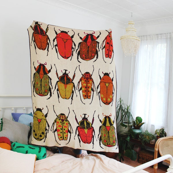 Beetle Knit Throw Blanket -Boho Colorful Home Decor - Insect Pattern Blanket - Beetles Artwork for Home Apartment Living Room