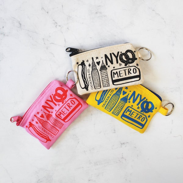 New York Screen Printed Zipper Card Pouch with Key Ring - NYC Coin Pouch - Metro Card Holder - New York Keychain - Zipper Wallet
