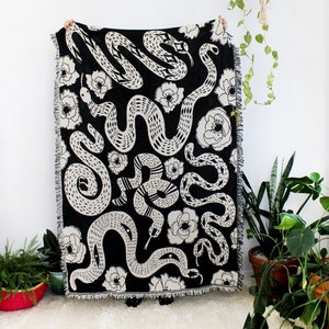 Snakes and Poppies Blanket - Black and White Cotton Throw - Snake Pattern - Reversible - Classic Apartment Living Room NYC