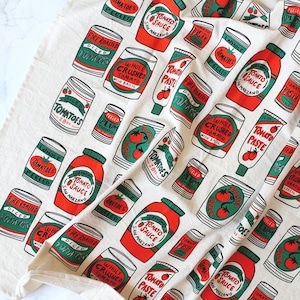 Tomatoes Screen Printed Tea Towel - Canned Tomato - Pasta Sauce Print - Italian Dinner Decor