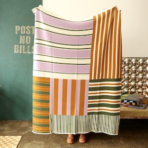 Purple and Green Stripes - Patchwork Mix and Match Merino Wool Blanket in Lavender, Hunter Green, and Ochre - Colorful Throw Blanket