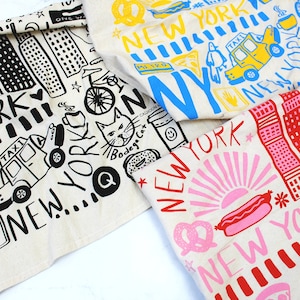 New York Print Tea Towel - NYC Screen Printed Kitchen Decor - Brooklyn NY Gifts - New York Illustration