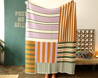 Purple and Green Stripes - Patchwork Mix and Match Merino Wool Blanket in Lavender, Hunter Green, and Ochre - Colorful Throw Blanket