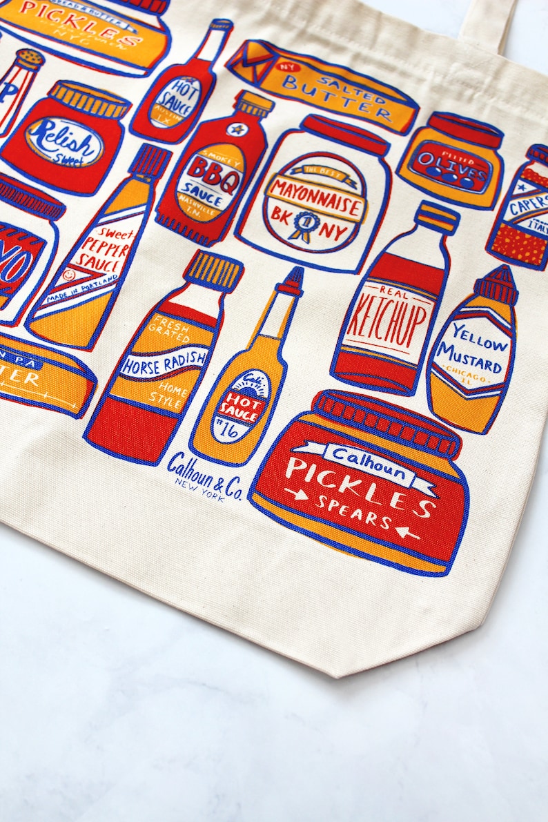 Condiments Print Tote Bag Ketchup Hot Sauce Reusable Canvas Bag with Zipper image 5